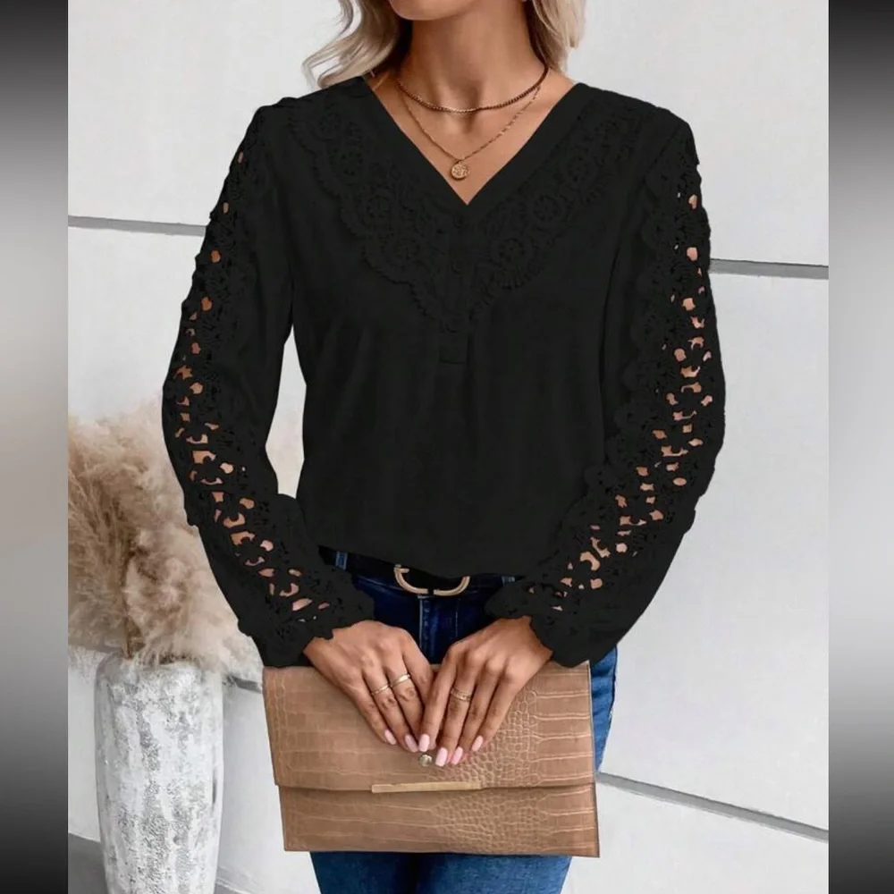 Luxe lace detail V neck blouse